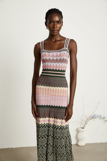 Multi-Color Knit Maxi Dress with Chevron Pattern for Women - Sabrina