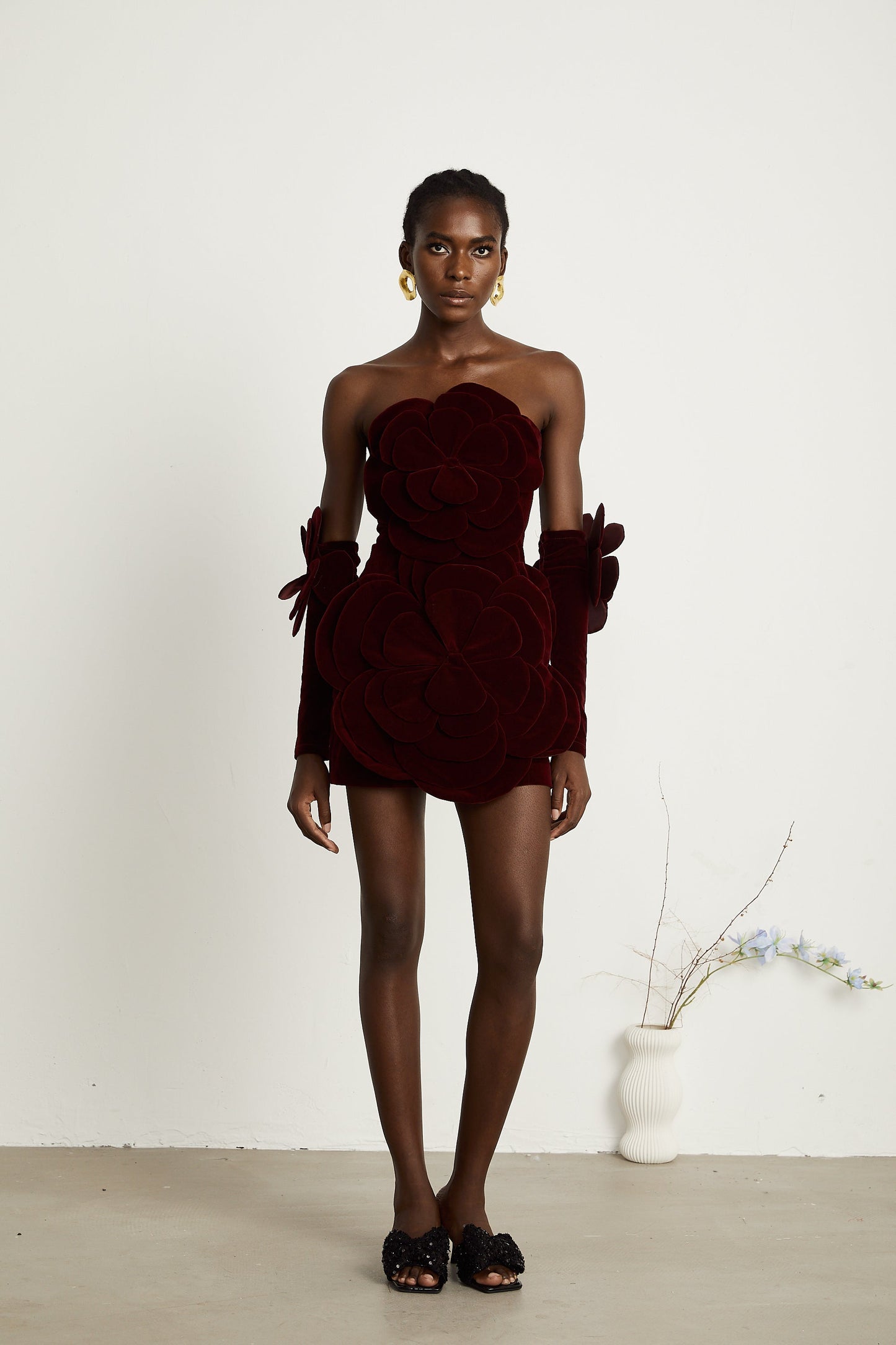 Burgundy Strapless Mini Dress with Velvet Flower Detailing for Women - Angelica