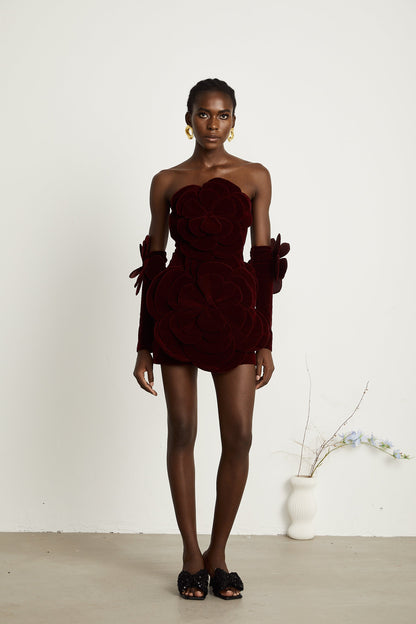 Burgundy Strapless Mini Dress with Velvet Flower Detailing for Women - Angelica