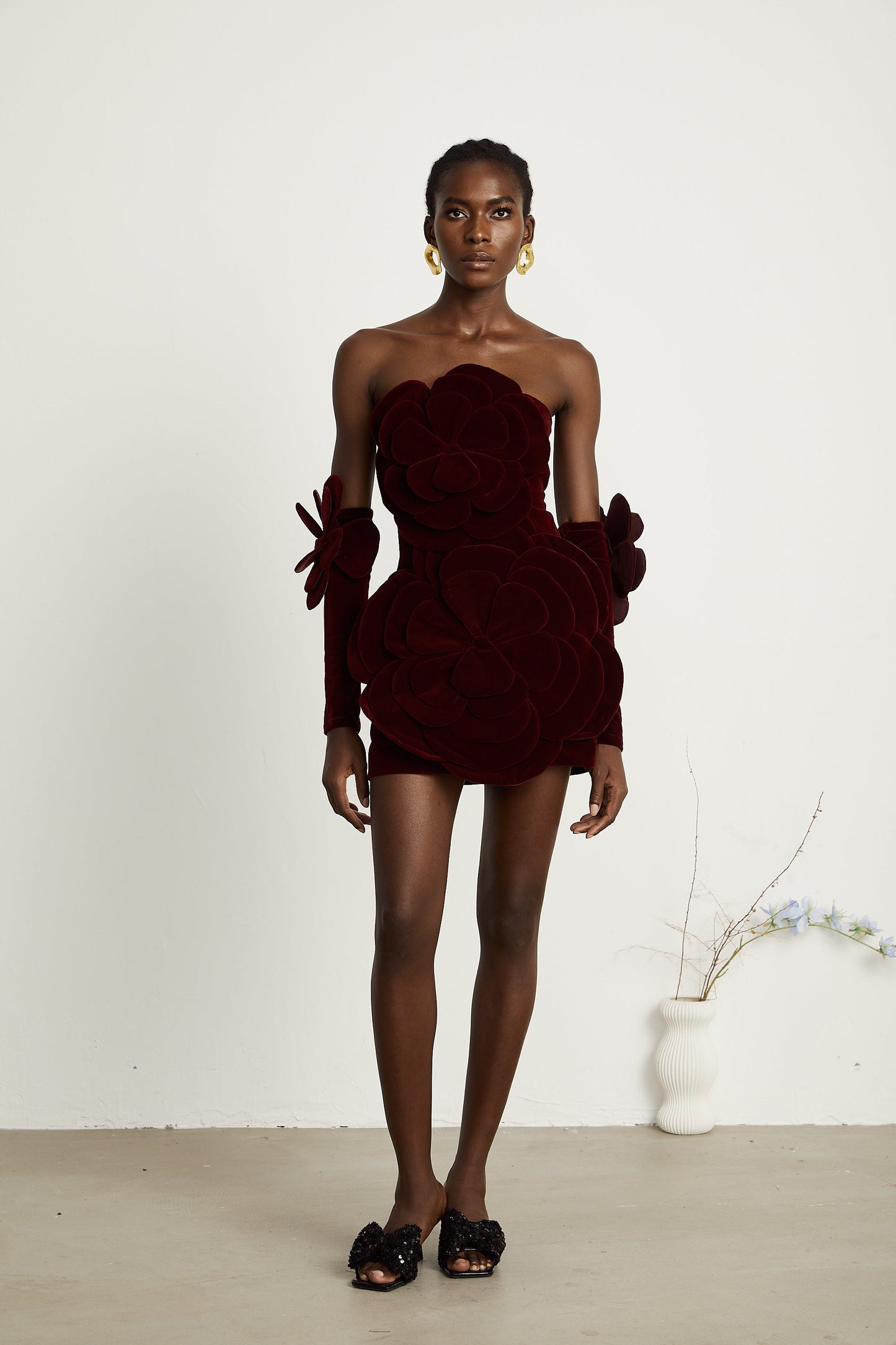 Burgundy Strapless Mini Dress with Velvet Flower Detailing for Women - Angelica