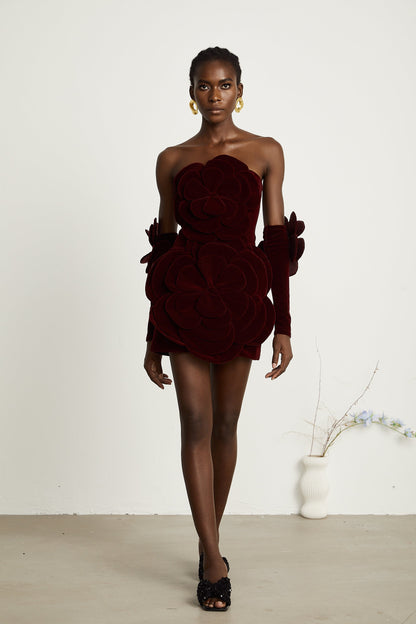 Burgundy Strapless Mini Dress with Velvet Flower Detailing for Women - Angelica