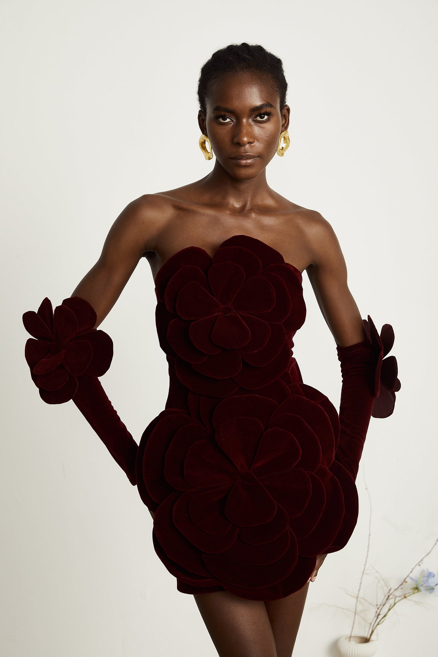 Burgundy Strapless Mini Dress with Velvet Flower Detailing for Women - Angelica