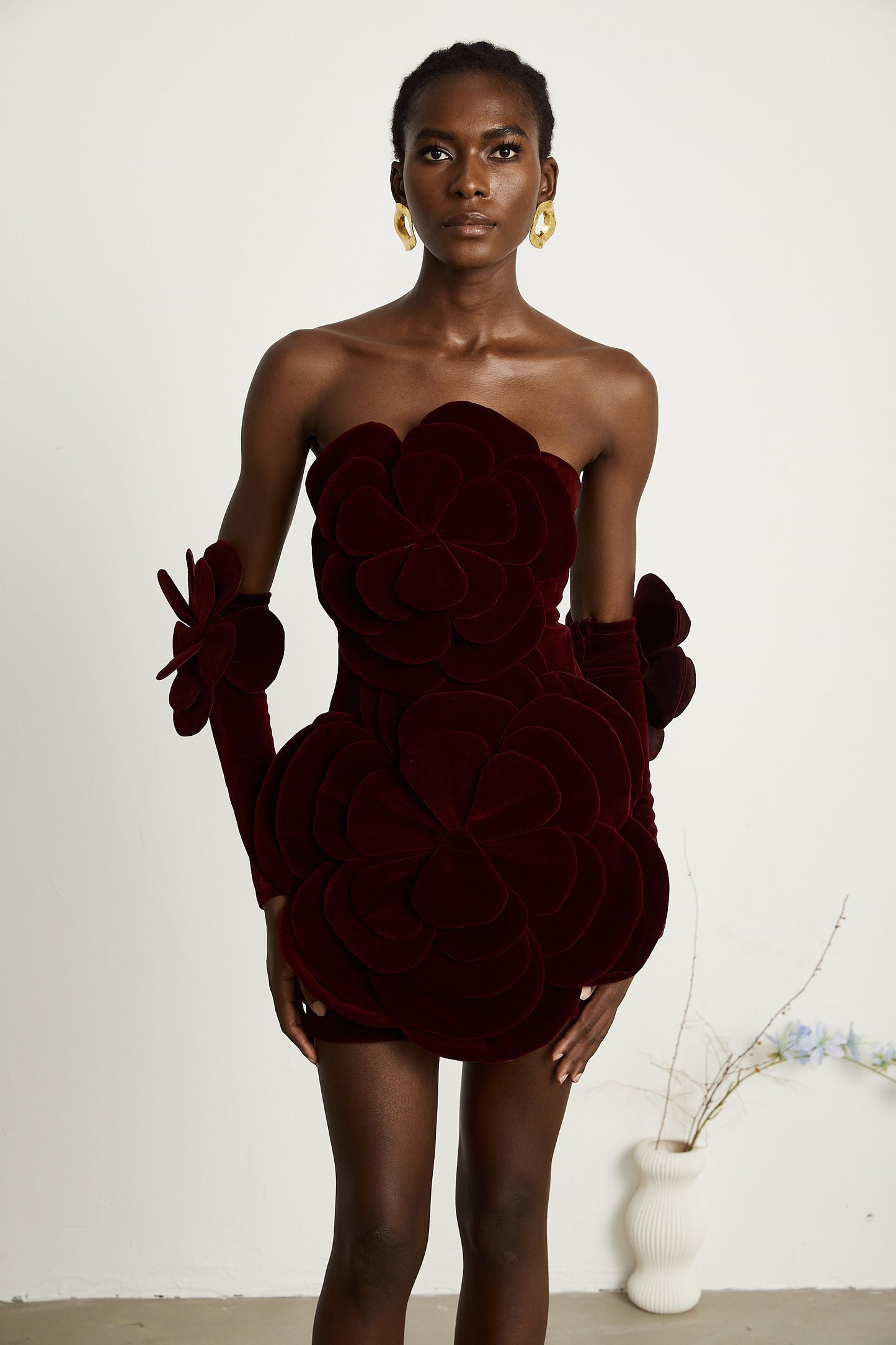 Burgundy Strapless Mini Dress with Velvet Flower Detailing for Women - Angelica