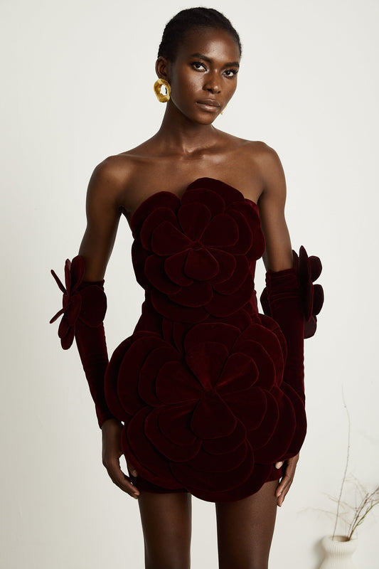 Burgundy Strapless Mini Dress with Velvet Flower Detailing for Women - Angelica