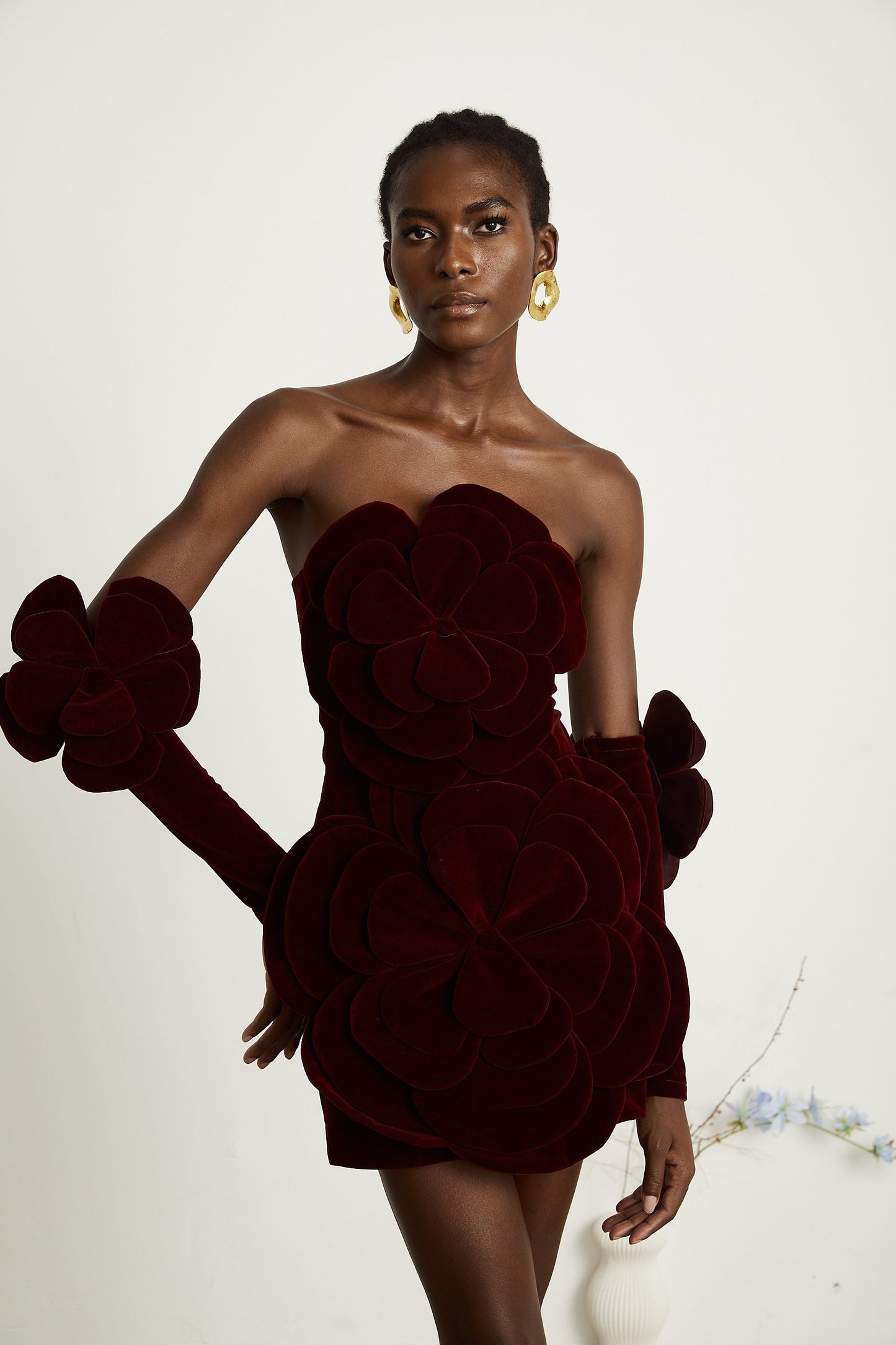 Burgundy Strapless Mini Dress with Velvet Flower Detailing for Women - Angelica