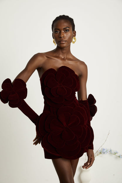 Burgundy Strapless Mini Dress with Velvet Flower Detailing for Women - Angelica