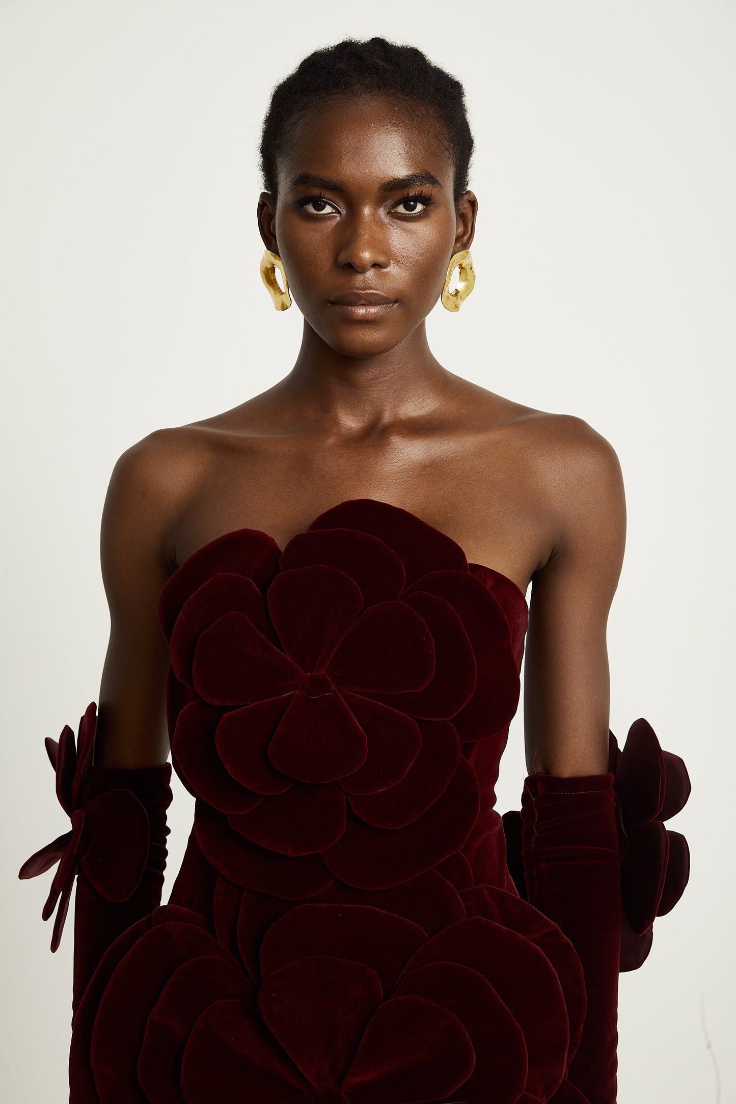 Burgundy Strapless Mini Dress with Velvet Flower Detailing for Women - Angelica