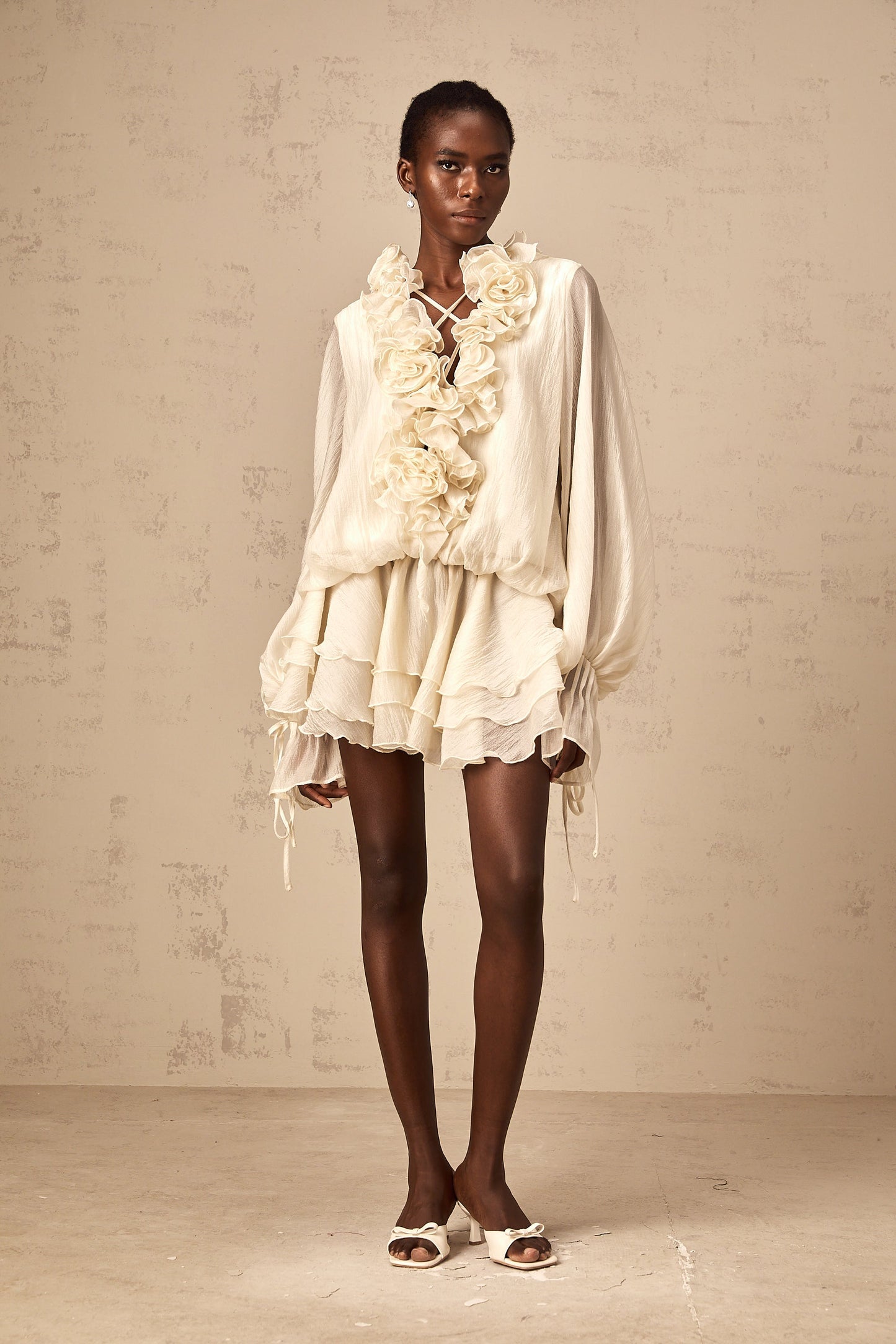 Cream Ruffled Mini Dress with Floral Detailing for Women - Sonia