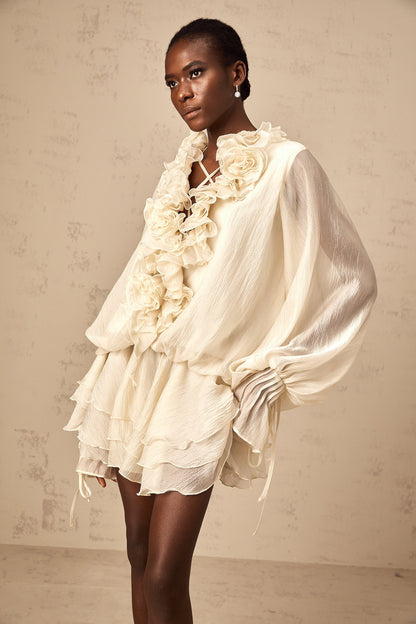 Cream Ruffled Mini Dress with Floral Detailing for Women - Sonia