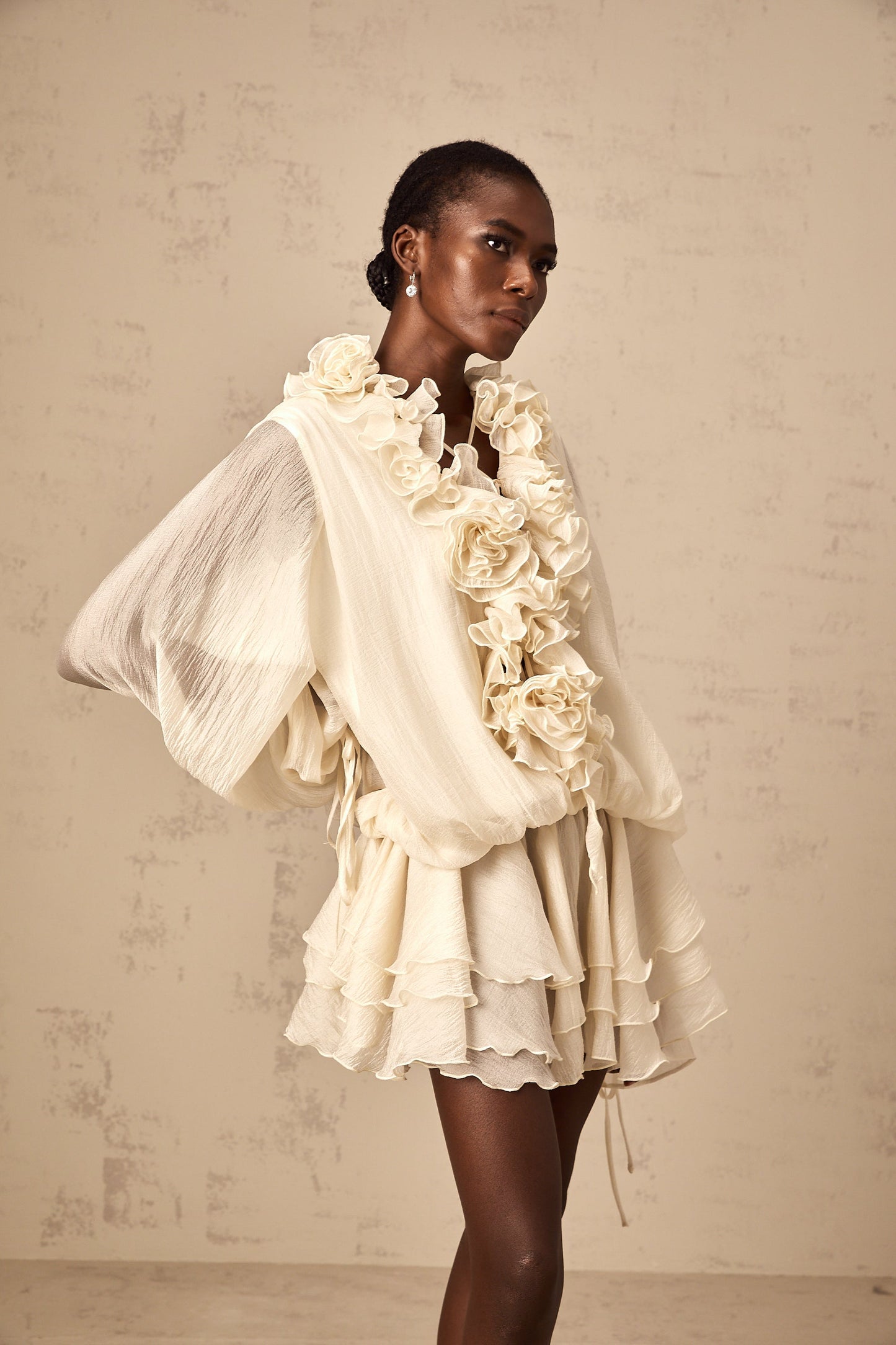 Cream Ruffled Mini Dress with Floral Detailing for Women - Sonia