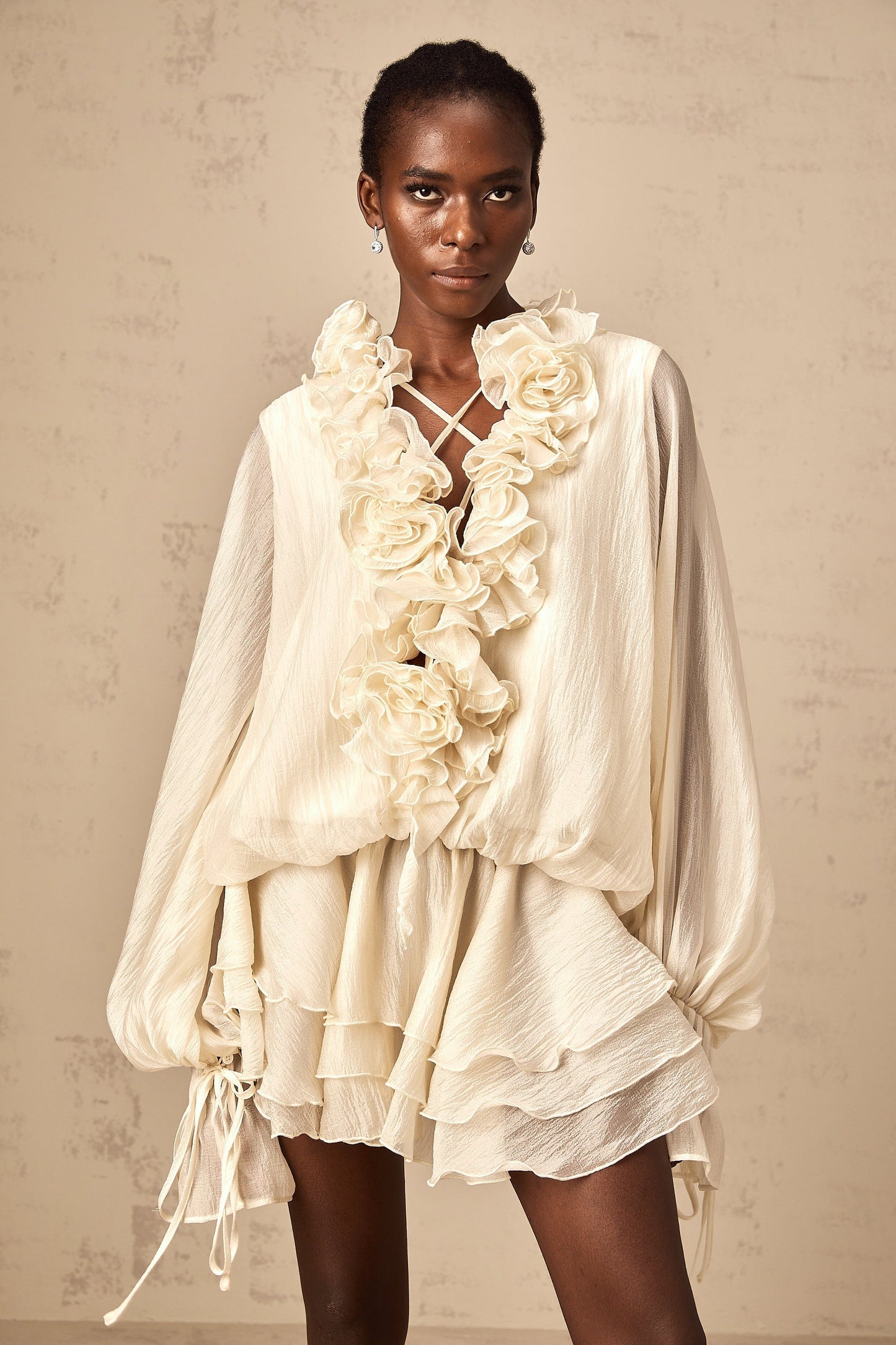 Cream Ruffled Mini Dress with Floral Detailing for Women - Sonia