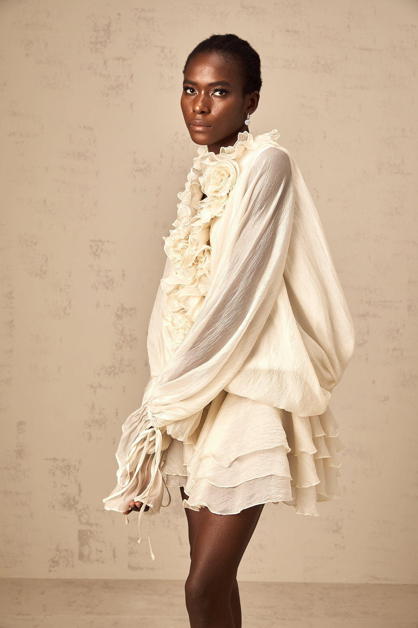 Cream Ruffled Mini Dress with Floral Detailing for Women - Sonia