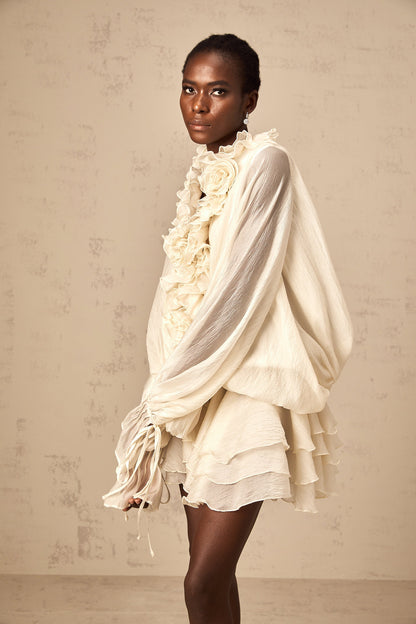 Cream Ruffled Mini Dress with Floral Detailing for Women - Sonia