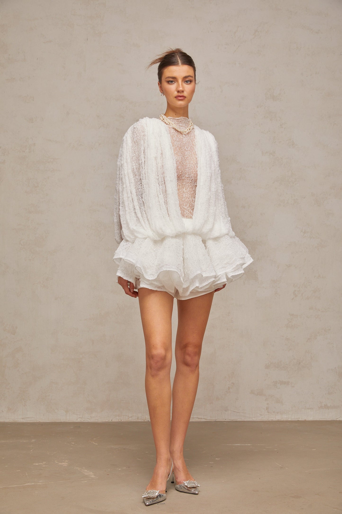 Ivory White Lace Mini Dress with Draped Detail for Women - Michela