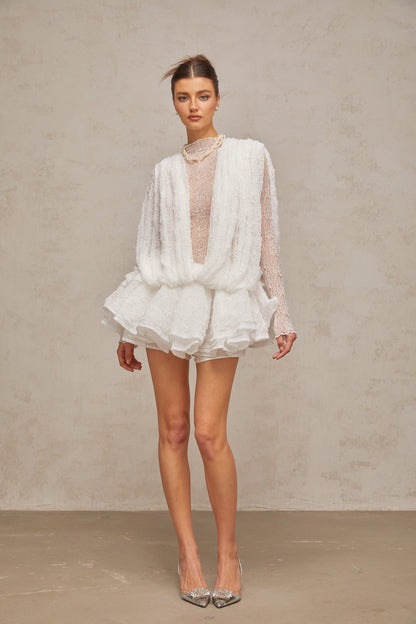 Ivory White Lace Mini Dress with Draped Detail for Women - Michela