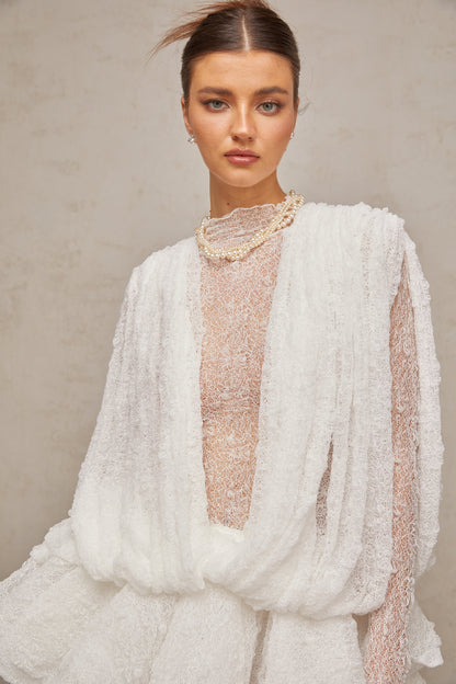 Ivory White Lace Mini Dress with Draped Detail for Women - Michela