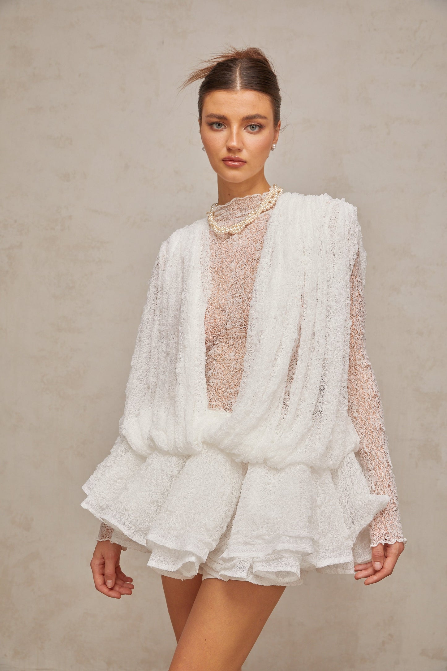 Ivory White Lace Mini Dress with Draped Detail for Women - Michela