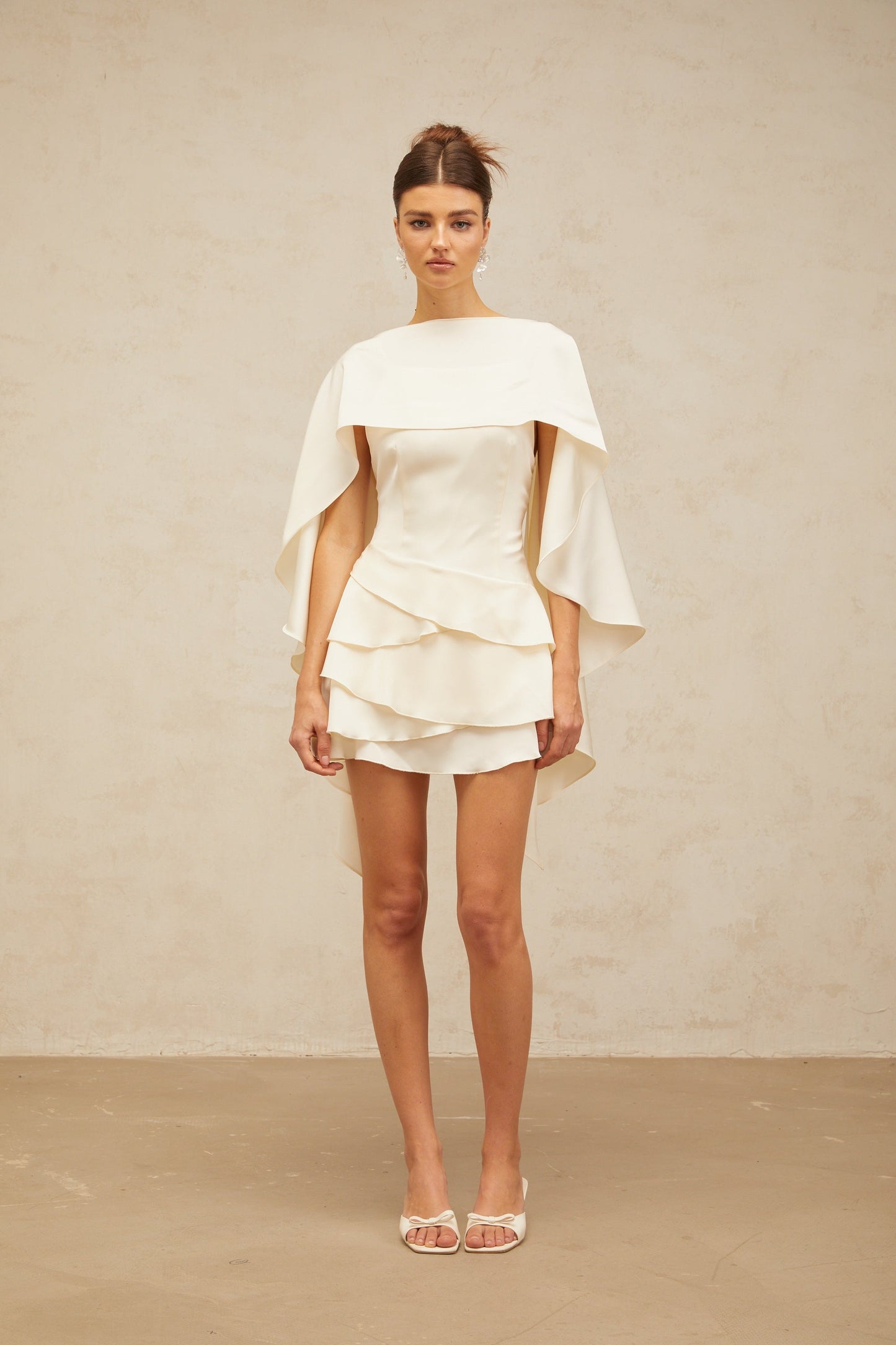 Ivory Layered Ruffle Mini Dress with Cape Sleeves for Women - Costanza