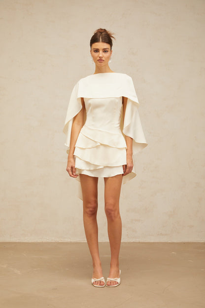 Ivory Layered Ruffle Mini Dress with Cape Sleeves for Women - Costanza