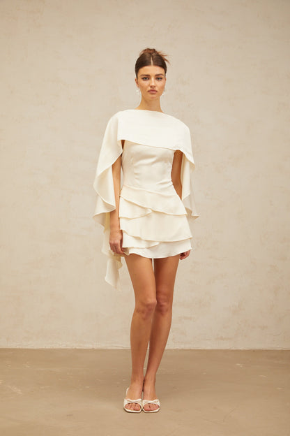 Ivory Layered Ruffle Mini Dress with Cape Sleeves for Women - Costanza