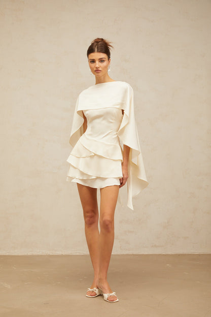 Ivory Layered Ruffle Mini Dress with Cape Sleeves for Women - Costanza