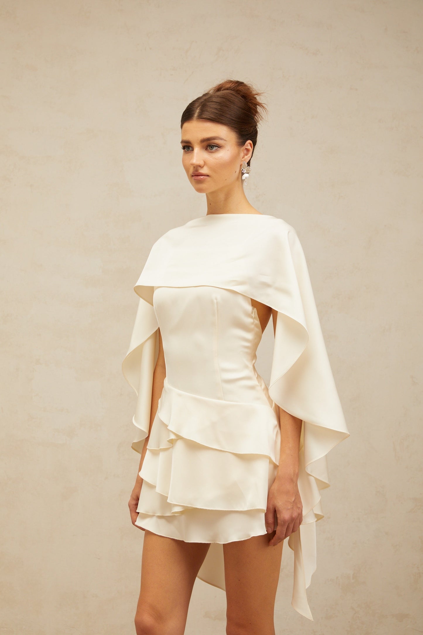 Ivory Layered Ruffle Mini Dress with Cape Sleeves for Women - Costanza