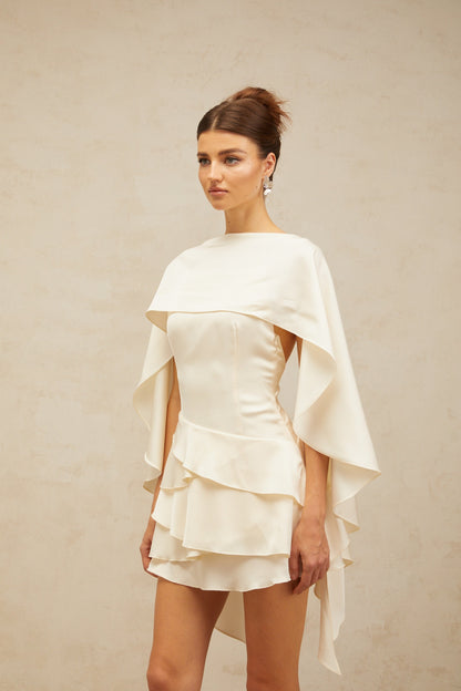 Ivory Layered Ruffle Mini Dress with Cape Sleeves for Women - Costanza