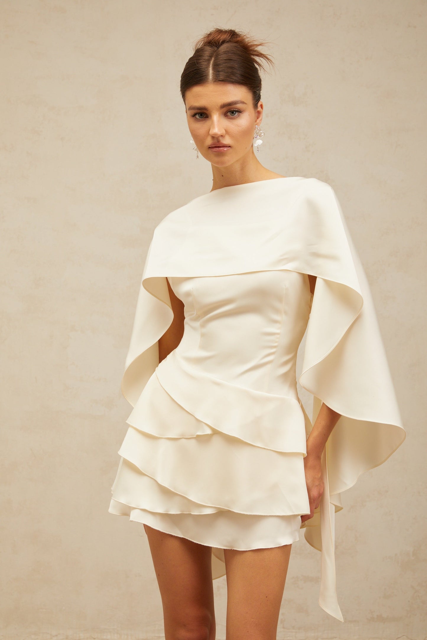 Ivory Layered Ruffle Mini Dress with Cape Sleeves for Women - Costanza