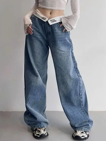 Hip Pop Turned Waist Boyfriend Jeans with Patchwork