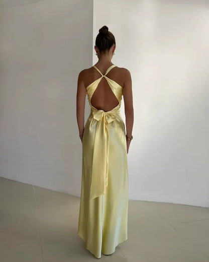 Lemon Yellow Satin Maxi Dress with Twist Front for Women - Nella