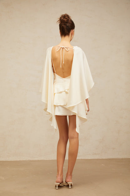 Ivory Layered Ruffle Mini Dress with Cape Sleeves for Women - Costanza