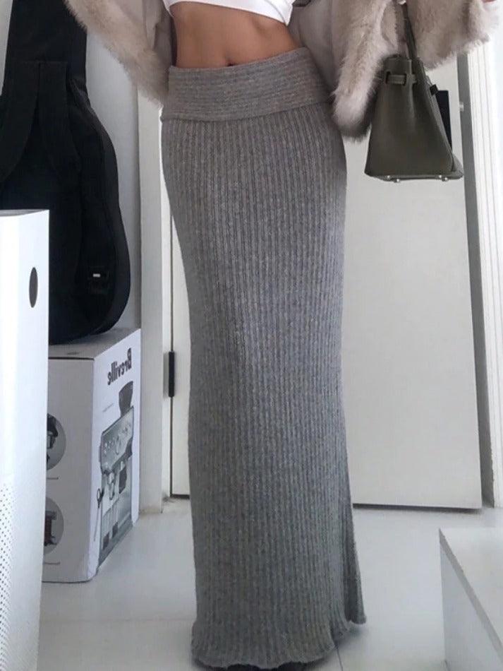 Classic Gray Solid Turned Waist Low Rise Maxi Skirt