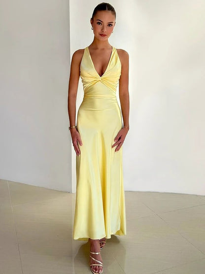 Lemon Yellow Satin Maxi Dress with Twist Front for Women - Nella