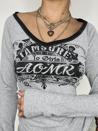 Grey Vintage Letter Print Long Sleeve Tee with V Neck