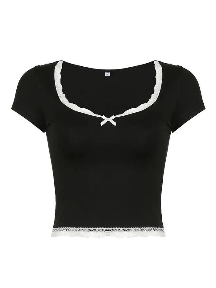 Vintage Bow Lace Trim Slim Crop Top with V Neck