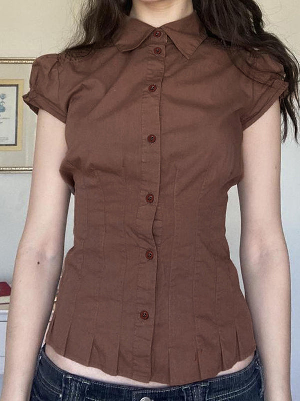 Brown Vintage Slim Fit Pleated Short Sleeve Shirt