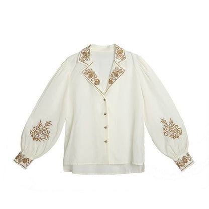 Apricot Embroidered Long Sleeve Blouse with Floral Design for Women - Mary