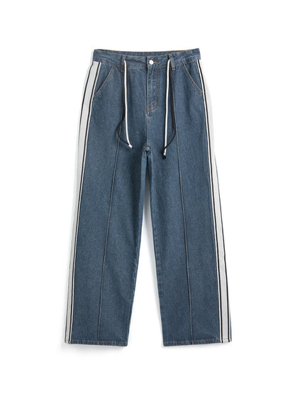 Washed Splice Piping Detail Drawstring Boyfriend Jeans