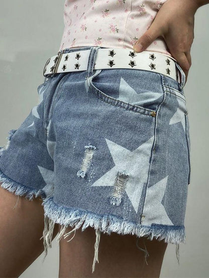 Shorts vaqueros de tiro bajo con rotos y estampado de estrellas azules Y2K