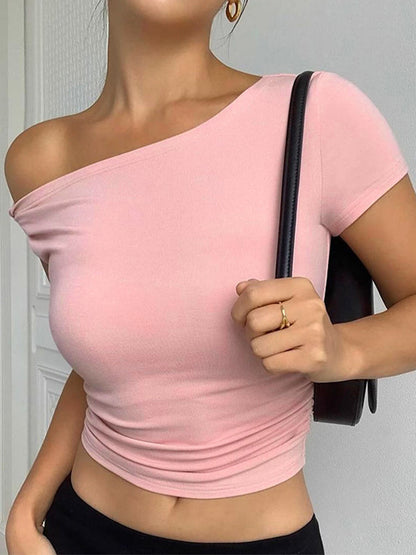 Pink Vintage One Shoulder Short Sleeve Tee