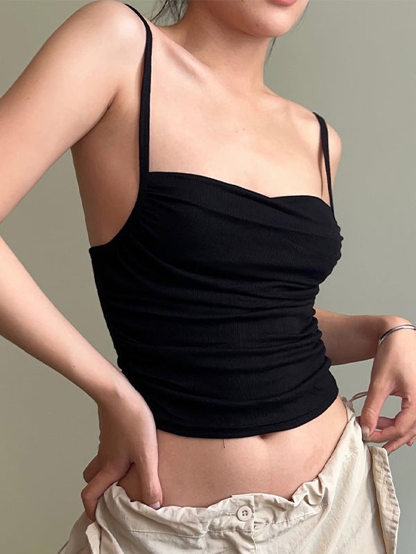 Black Vintage Pleated Backless Slim Cami Top