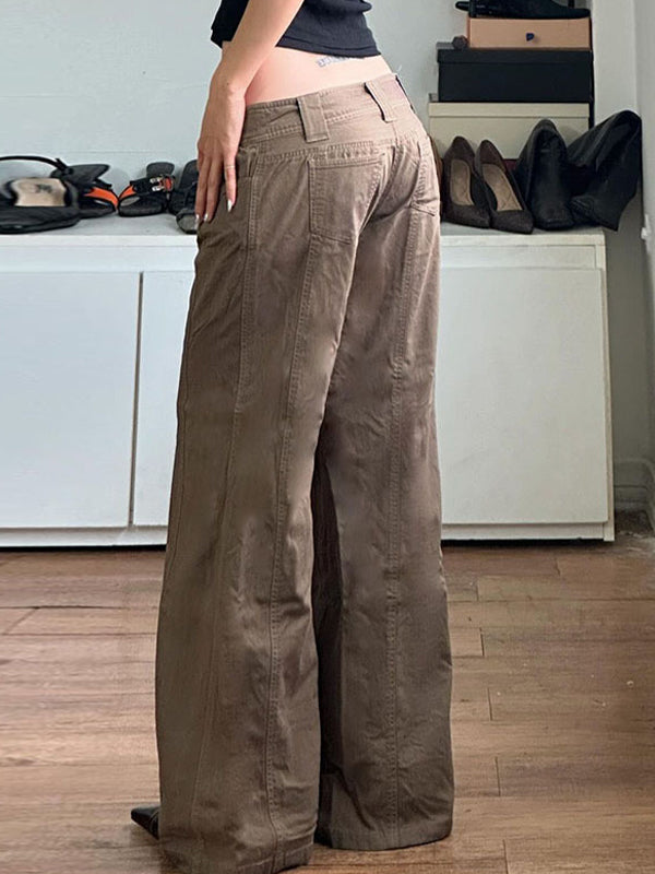 Brown American Retro Low Waist Split Flare Jeans