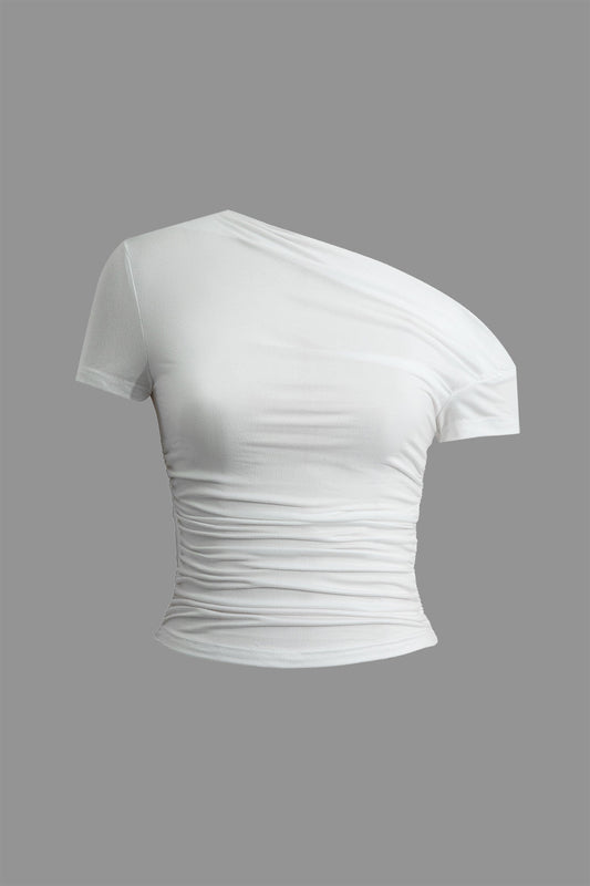 Solid Color Asymmetrical Ruched T Shirt