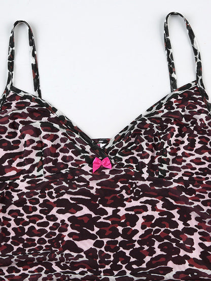 Pink Y2k Lace Stitching Cami Top with Leopard Print