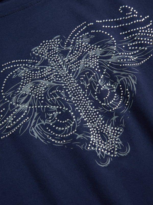 Camiseta de manga corta con estampado de cruz punk y diamantes de imitación en azul marino