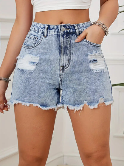 Retro Ripped Raw Hem Washed Denim Shorts