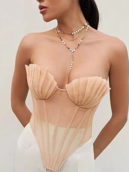 Apricot Sexy Plissierte Shell Mesh Korsett Top