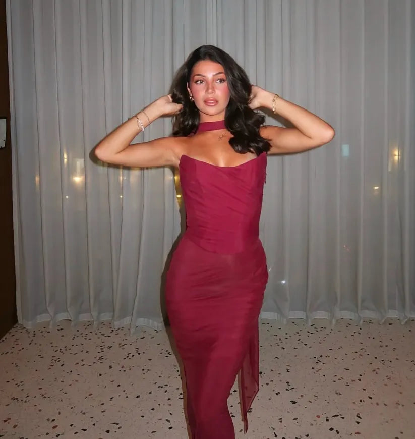 Strapless Maxi Dress with Scarf Detail for Women - Amalia