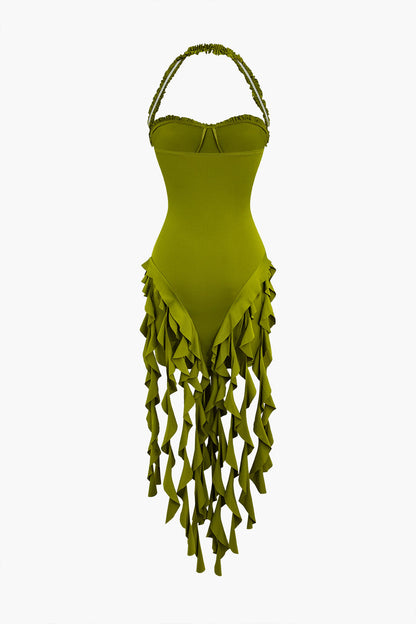 Solid Color Ruffle Tassel Halter Bustier Mini Dress