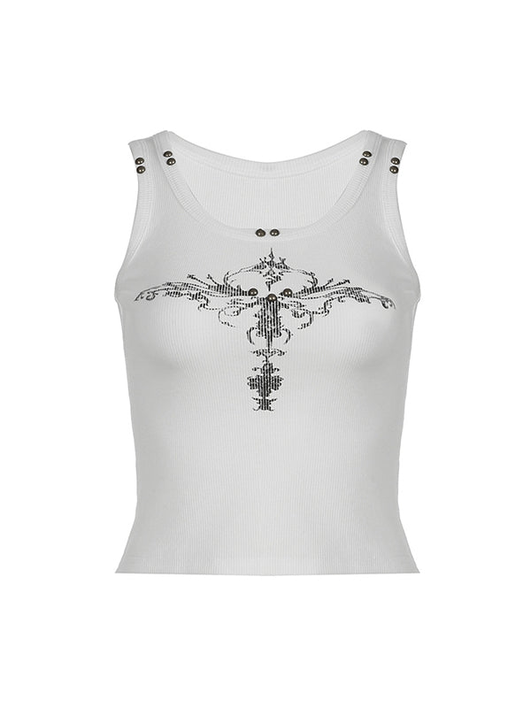 White Gothic Print Rivet Tank Top